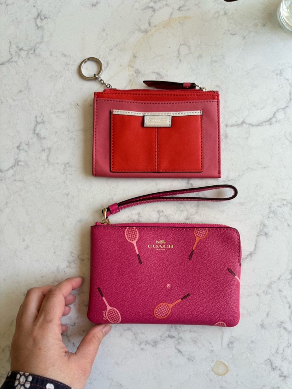 Coach Pink and Red Leather Card Case with Pink Tennis Wristlet